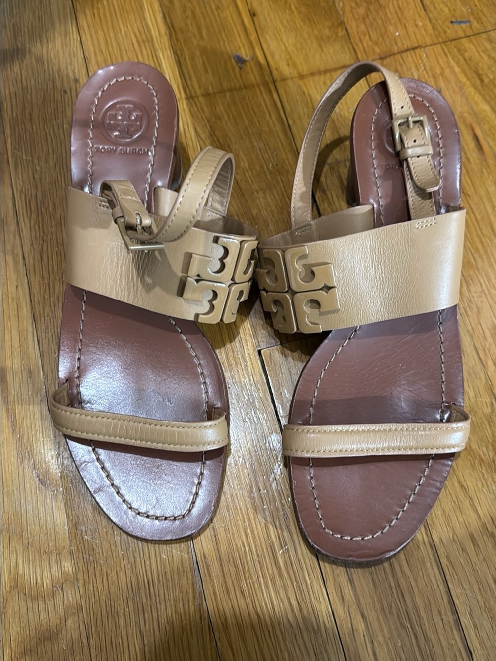 Tory Burch Beige Leather Logo Slingback Sandals